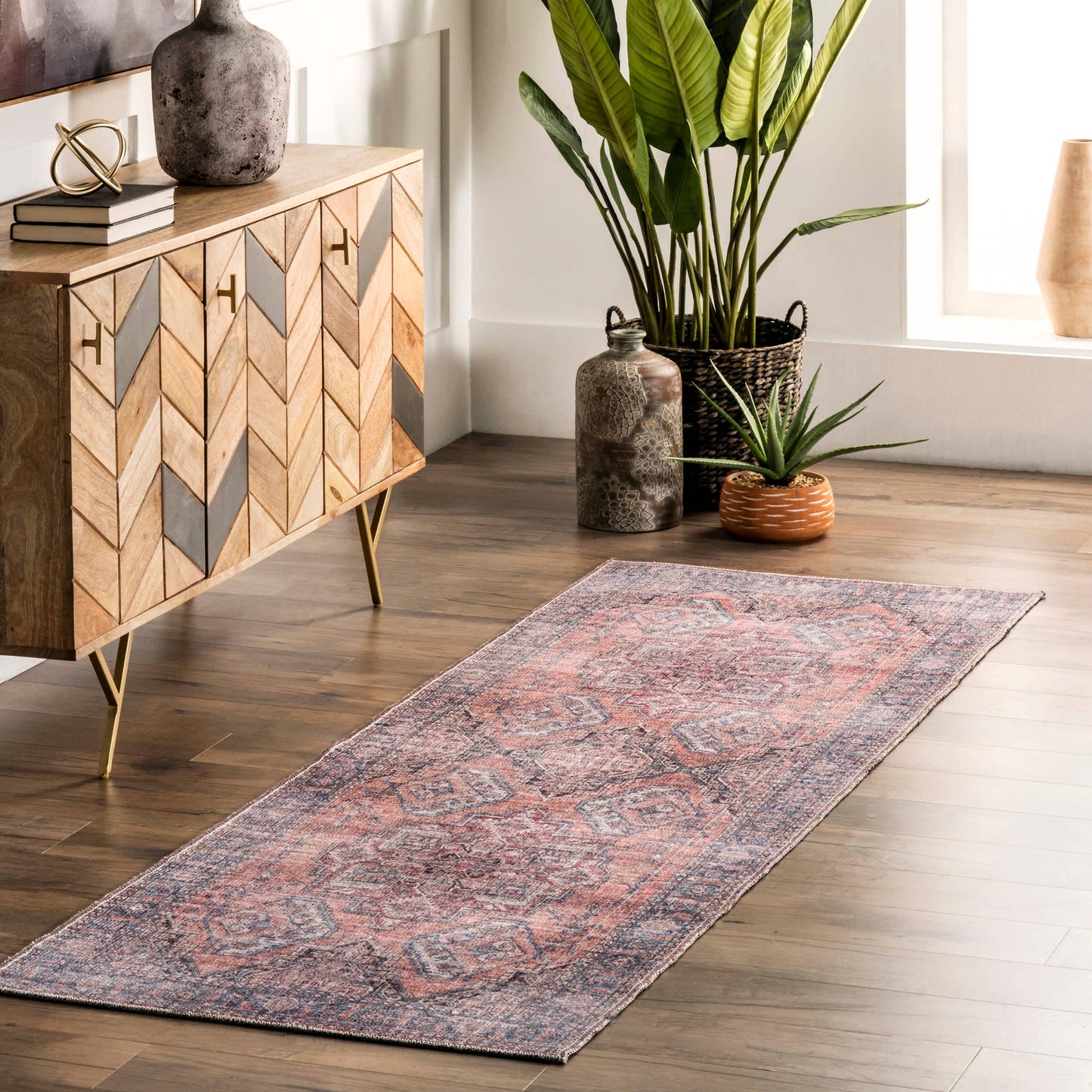 Maple Machine Washable Floral Medallion Area Rug