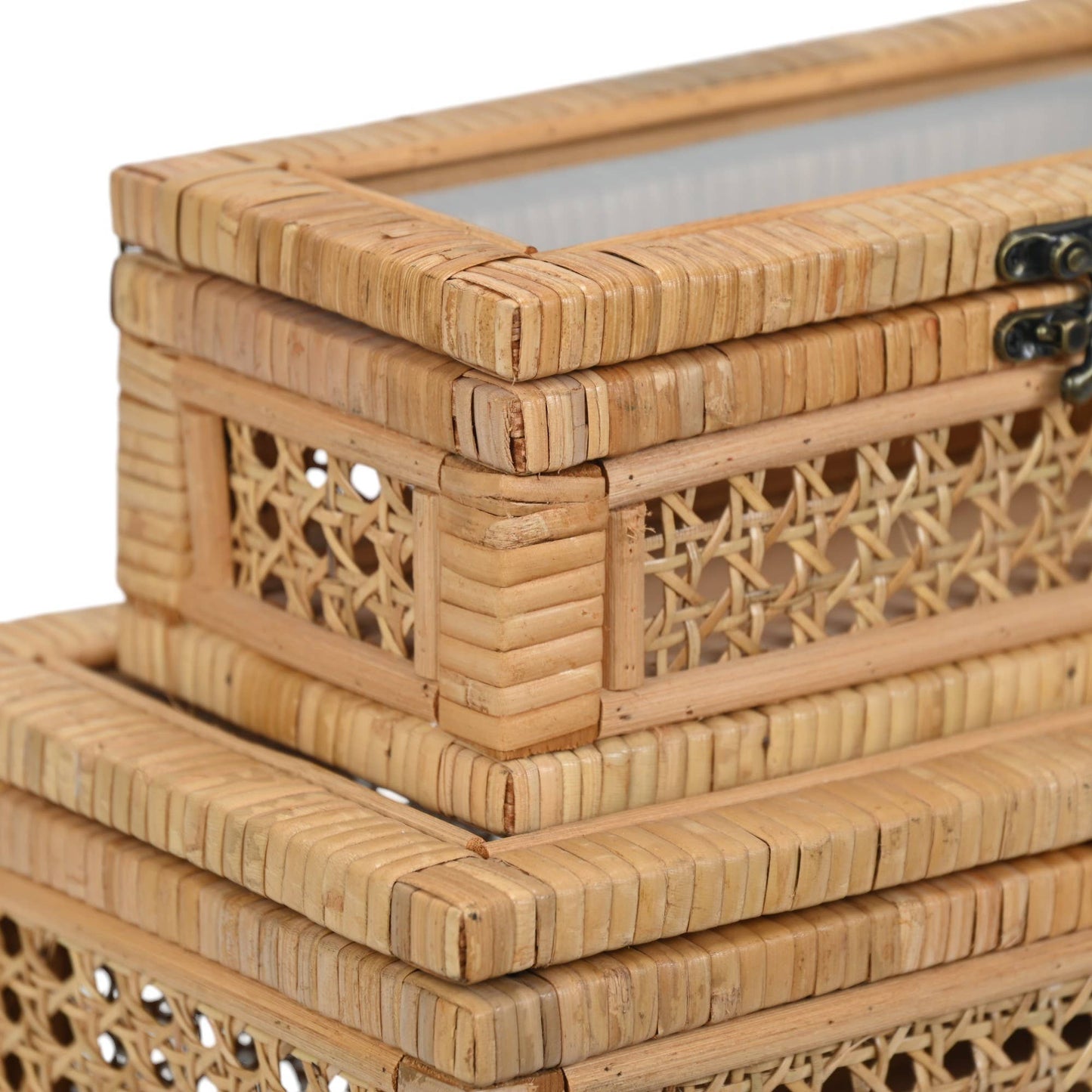 Brielle Set of 2 Rectangular Rattan & Glass Boxes