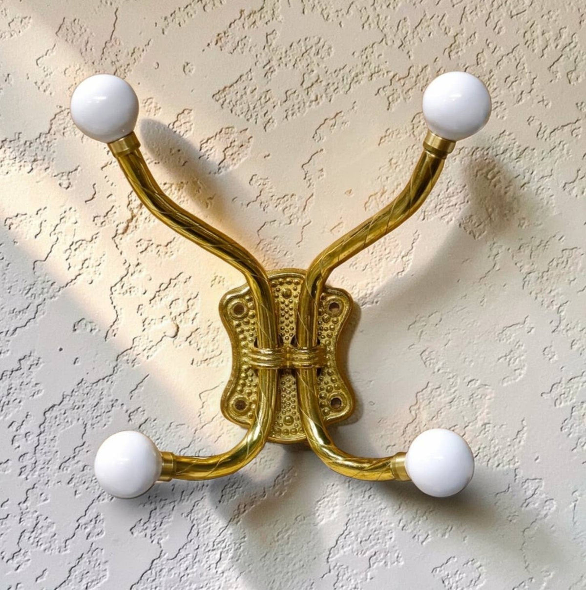 Solid Brass Four Arm Cloak Hook with White Porcelain Knobs