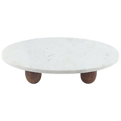 White Marble Cake Stand w/ Wood Feet
