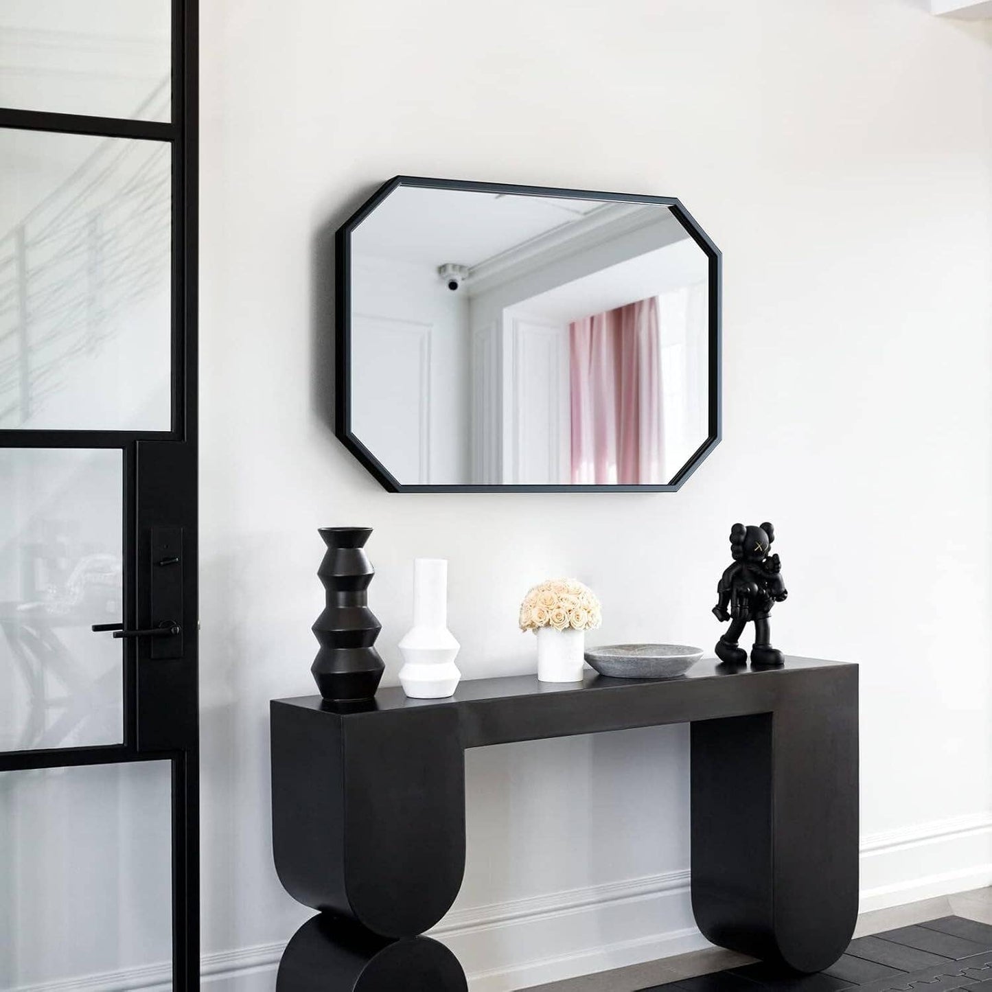 Octagon Wall Mirror Black Bathroom Metal Framed 20"x28"