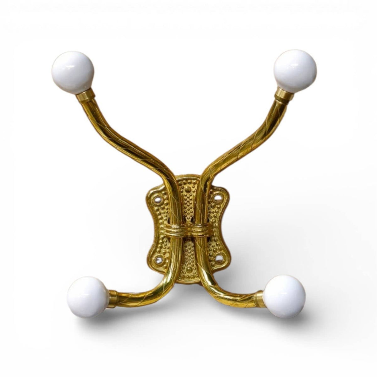 Solid Brass Four Arm Cloak Hook with White Porcelain Knobs