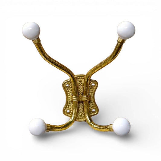Solid Brass Four Arm Cloak Hook with White Porcelain Knobs