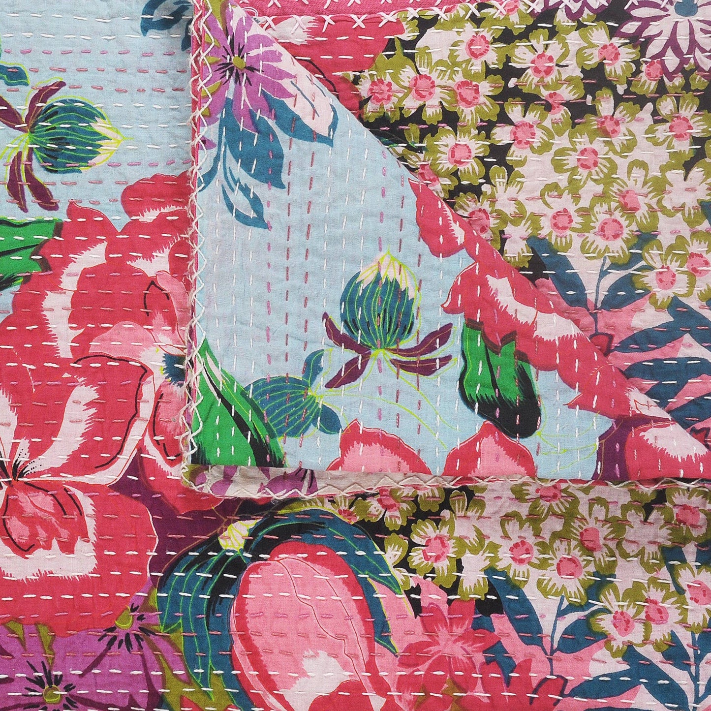 Floral Garden Kantha Throw Blanket