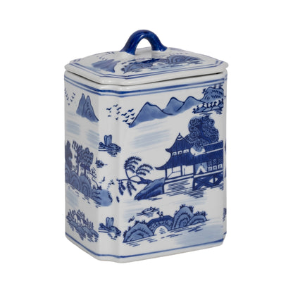 Decorative Jar - Blue Ceramic Rectangular Lidded, 9 in.
