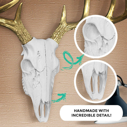 Large White + Gold Antlers Deer Head Skull Faux Taxidermy
