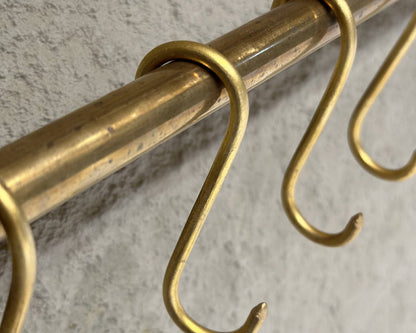 Unlacquered Brass Wall Mounted Pot Rack With Hooks