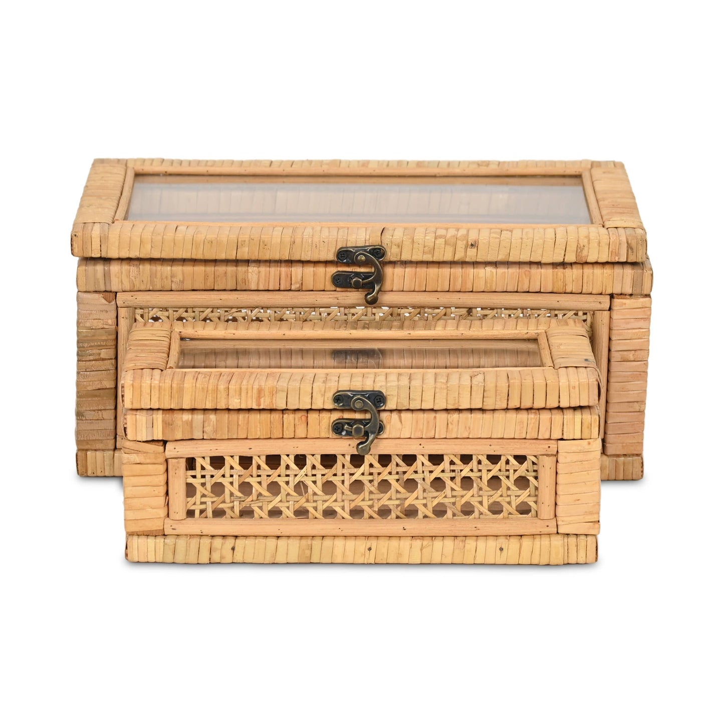 Brielle Set of 2 Rectangular Rattan & Glass Boxes