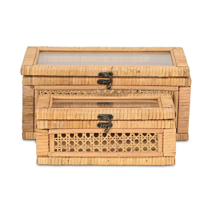 Brielle Set of 2 Rectangular Rattan & Glass Boxes