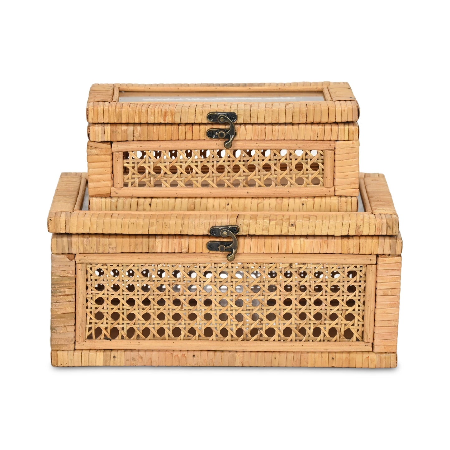 Brielle Set of 2 Rectangular Rattan & Glass Boxes
