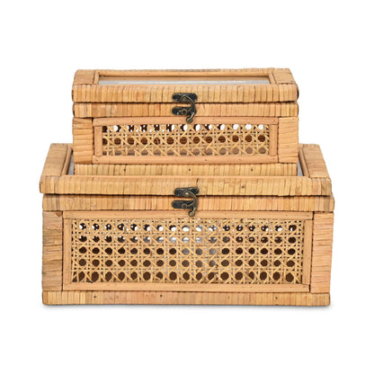 Brielle Set of 2 Rectangular Rattan & Glass Boxes