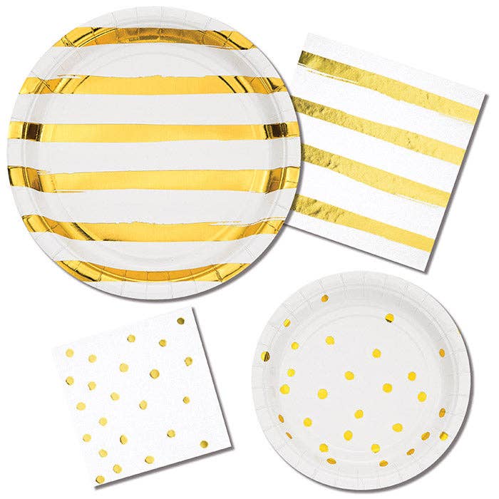 White and Gold Foil Striped 8.75" Paper Dinner Plate, 8/Pkg