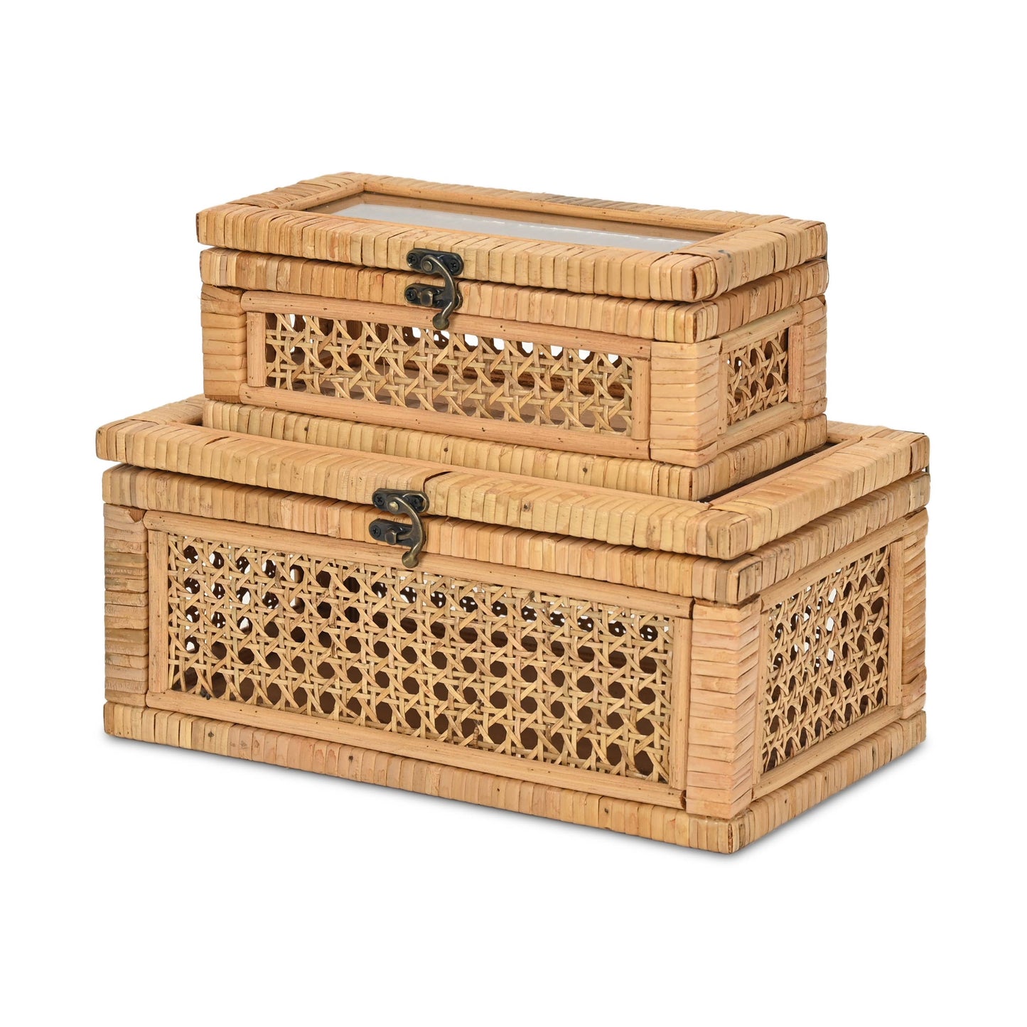 Brielle Set of 2 Rectangular Rattan & Glass Boxes