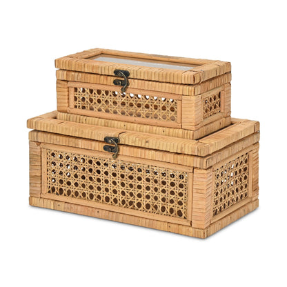 Brielle Set of 2 Rectangular Rattan & Glass Boxes