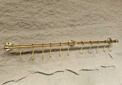 Unlacquered Brass Wall Mounted Pot Rack With Hooks