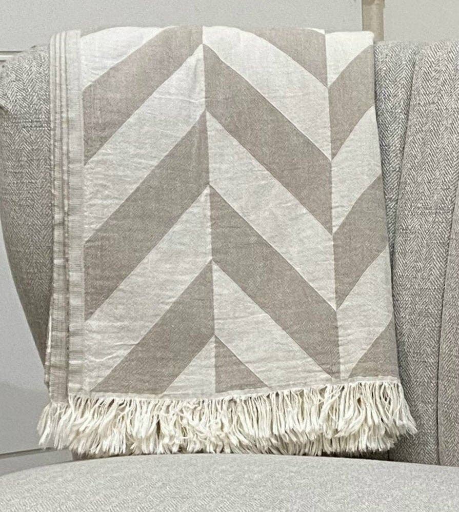 Throw Blanket - Highgrove Lisbon - 100% Cotton - 51"X67" - Fringe - Beige