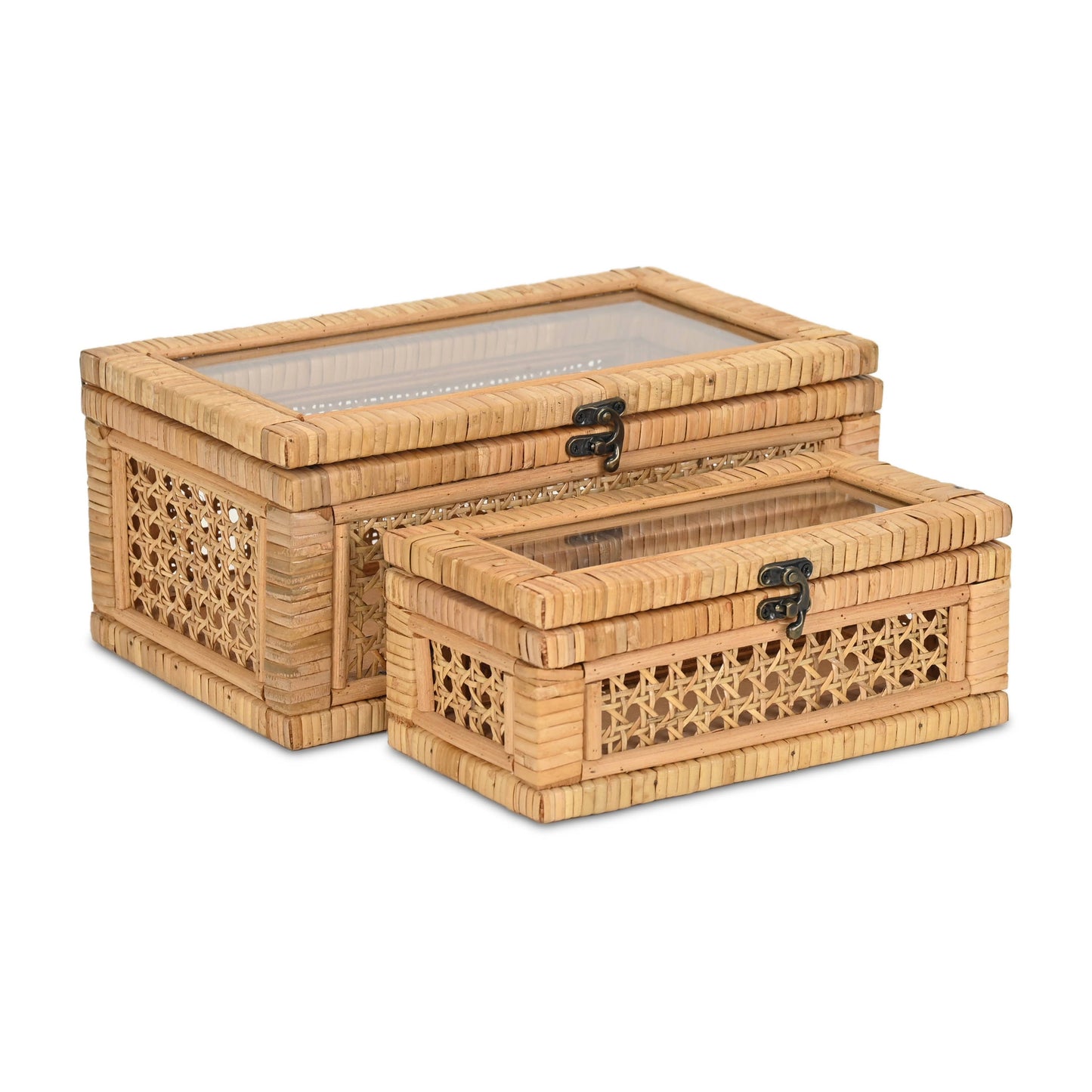Brielle Set of 2 Rectangular Rattan & Glass Boxes