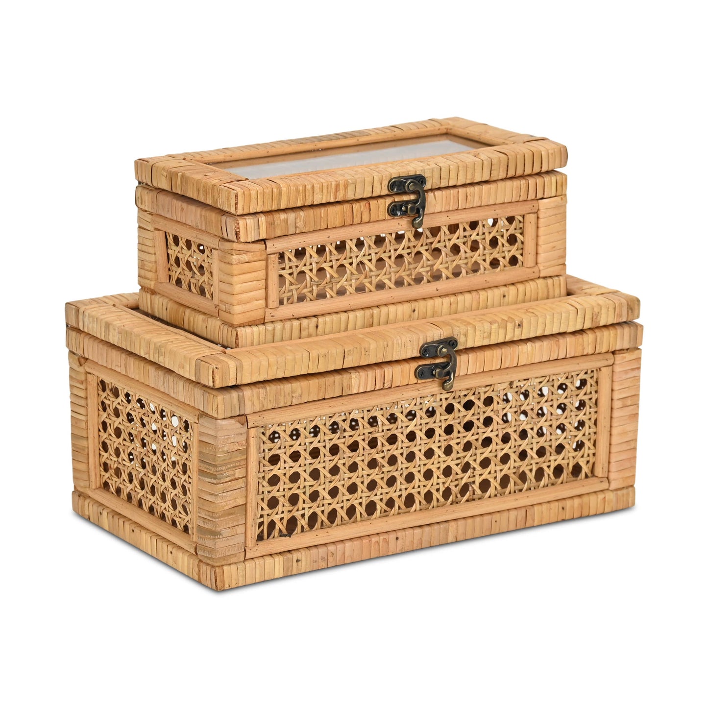 Brielle Set of 2 Rectangular Rattan & Glass Boxes