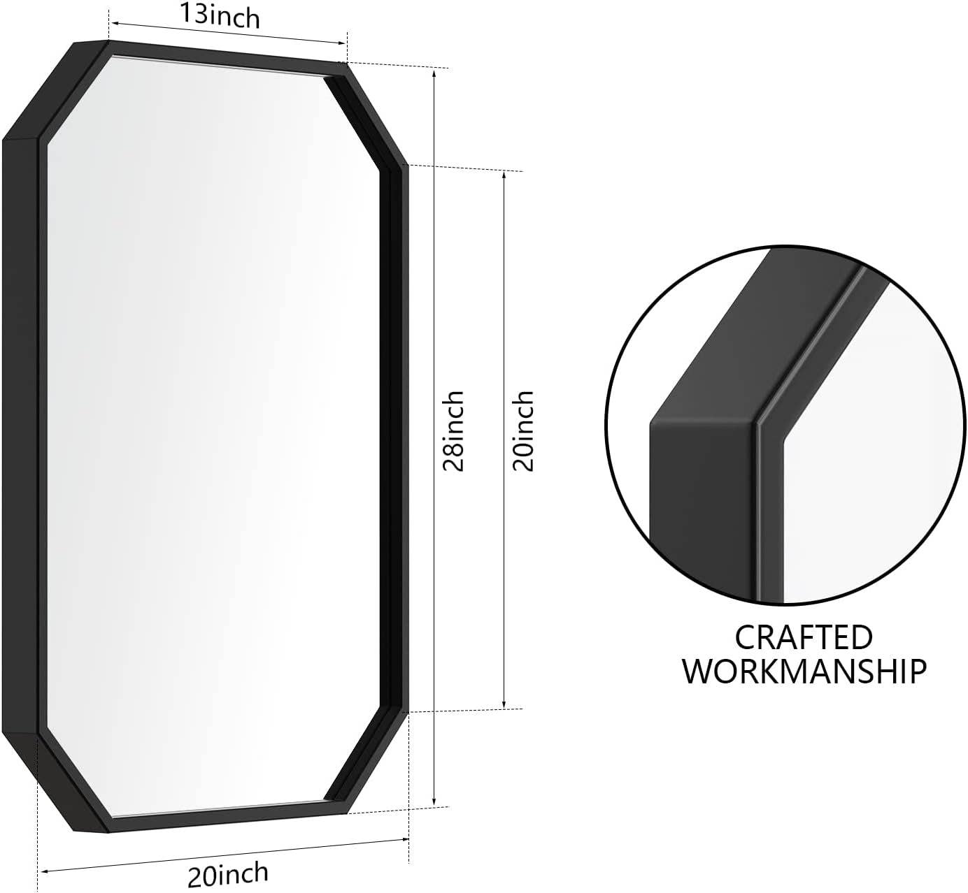 Octagon Wall Mirror Black Bathroom Metal Framed 20"x28"
