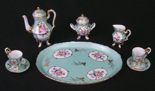 Mini Tea Set, 10pc, Green Floral w/ Gold Accents