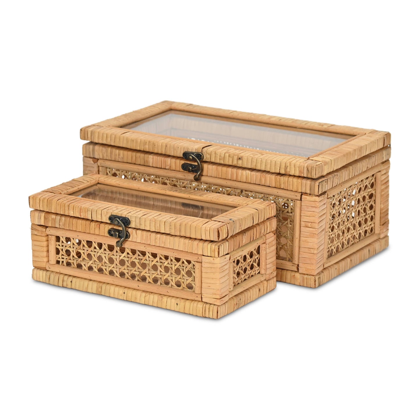 Brielle Set of 2 Rectangular Rattan & Glass Boxes