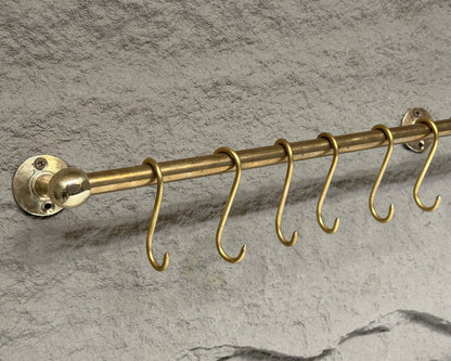 Unlacquered Brass Wall Mounted Pot Rack With Hooks