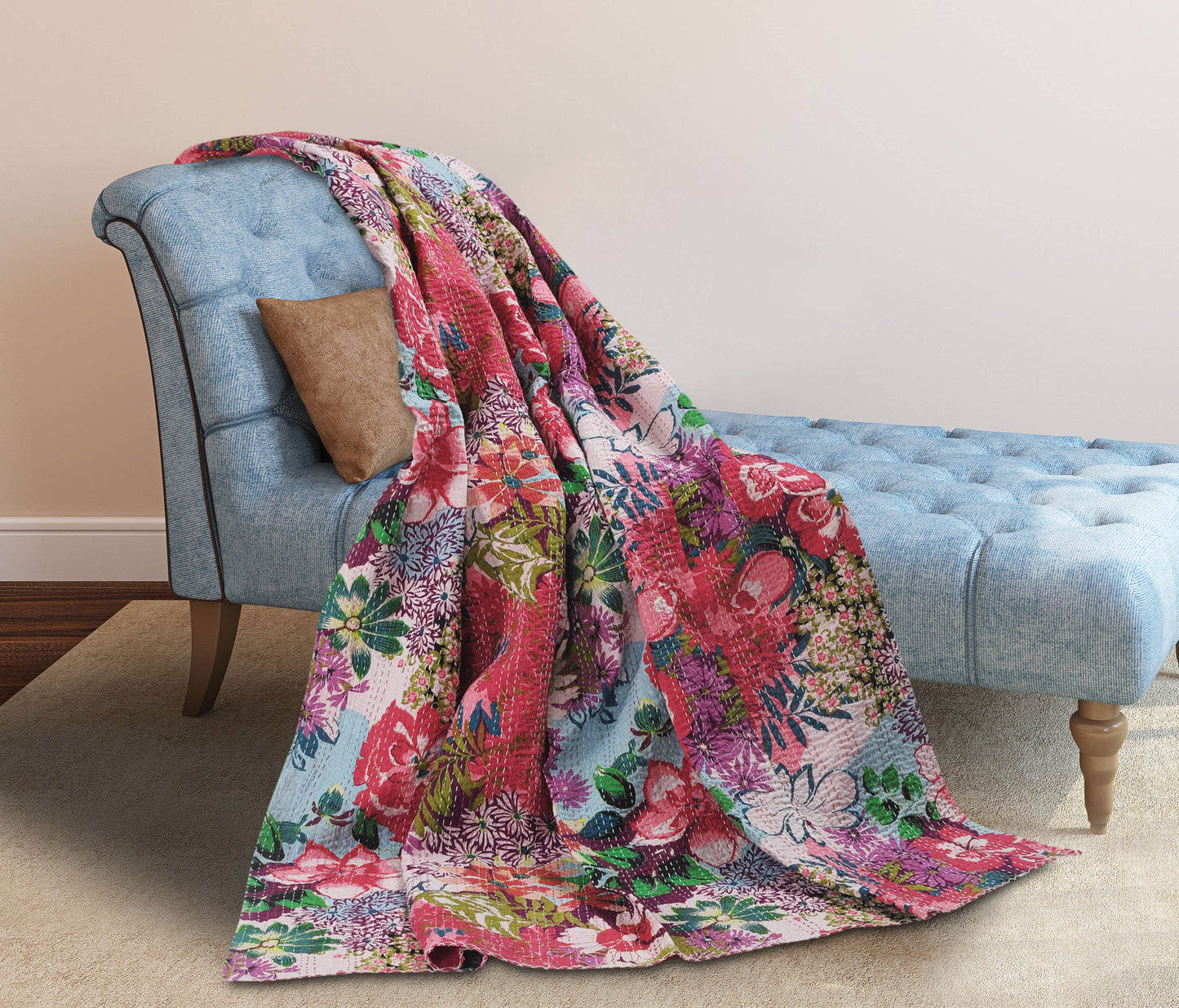 Floral Garden Kantha Throw Blanket