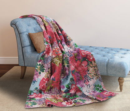 Floral Garden Kantha Throw Blanket