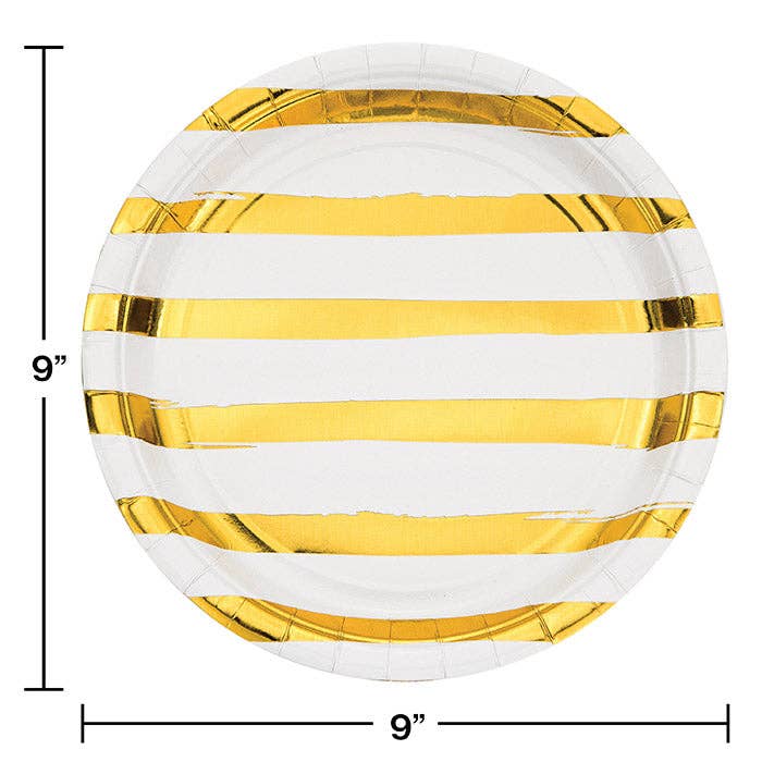White and Gold Foil Striped 8.75" Paper Dinner Plate, 8/Pkg