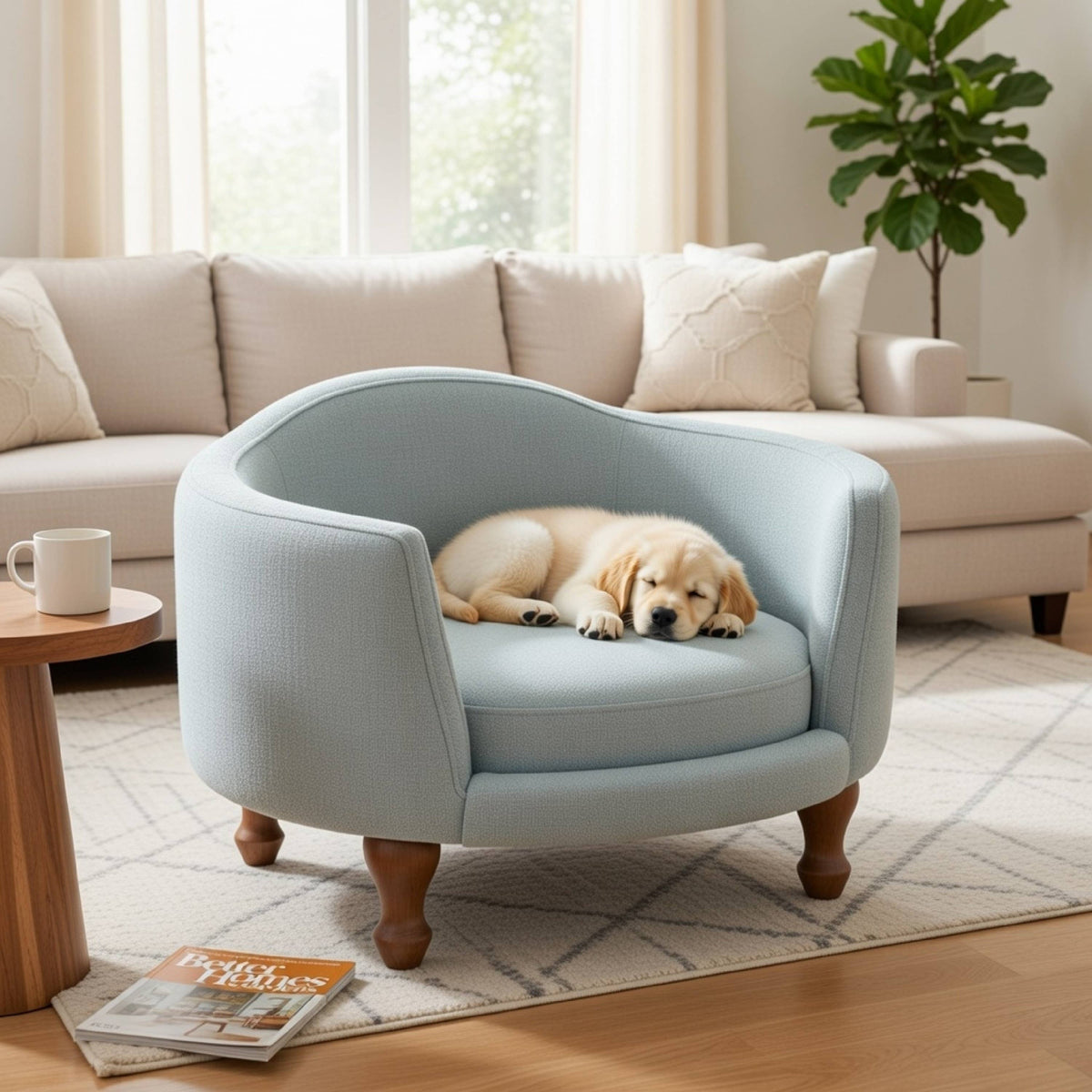 Curved Design Wooden Pet Love Seat With Fabric Upholstery