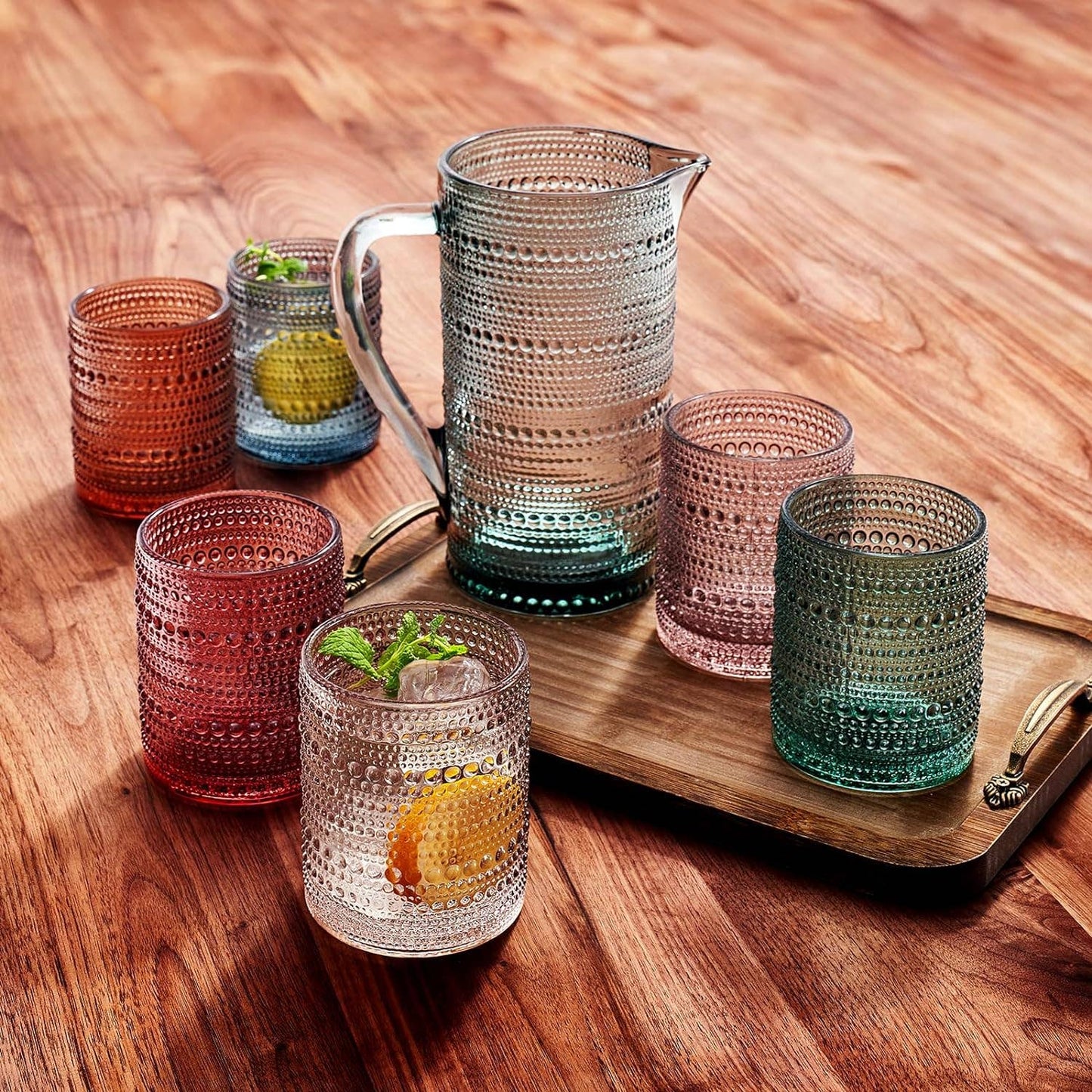 Hobnail Beaded Pitcher & Tumbler Glasses Set