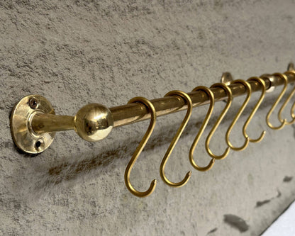 Unlacquered Brass Wall Mounted Pot Rack With Hooks