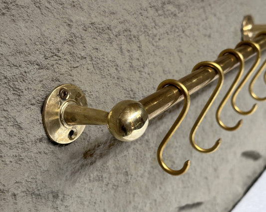 Unlacquered Brass Wall Mounted Pot Rack With Hooks