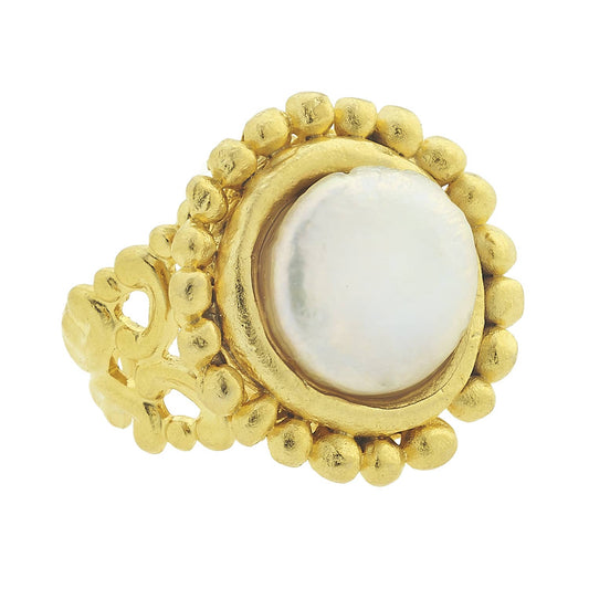 Handcast Gold Adjustable Ring with Genuine Freshwater Coin