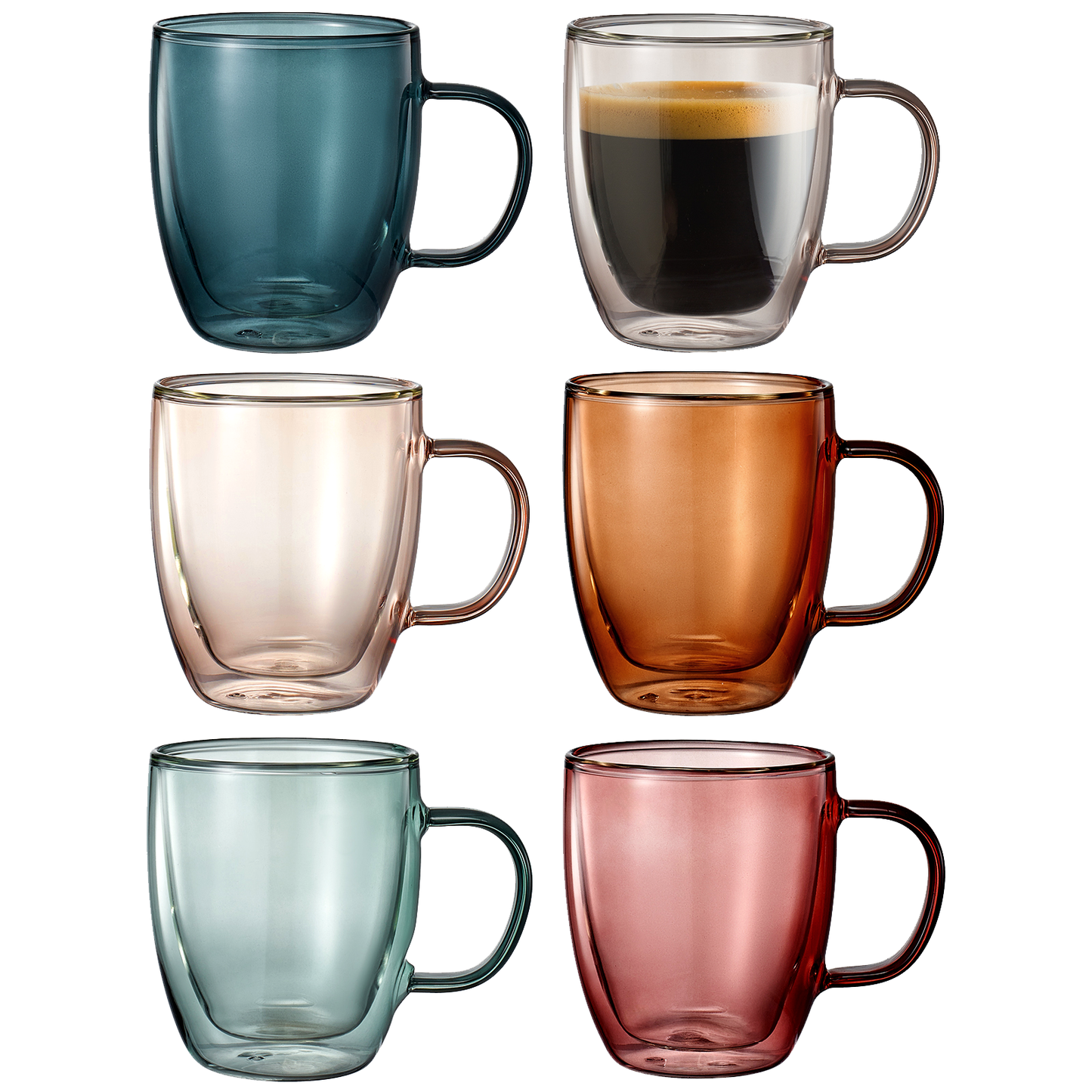 Double Wall Insulated Colored Glass Mugs - Set of 6, 18 OZ