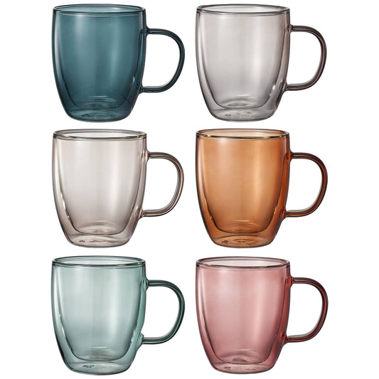 Double Wall Insulated Colored Glass Mugs - Set of 6, 18 OZ