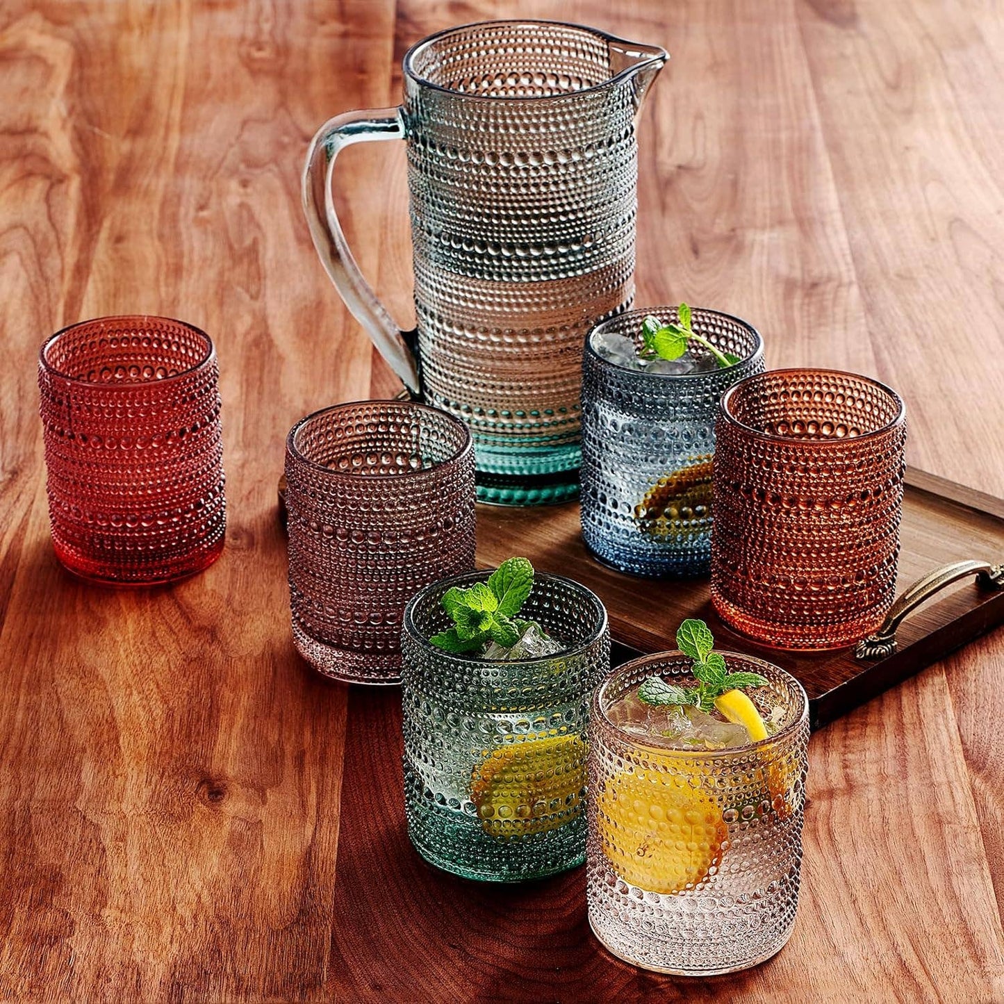 Hobnail Beaded Pitcher & Tumbler Glasses Set