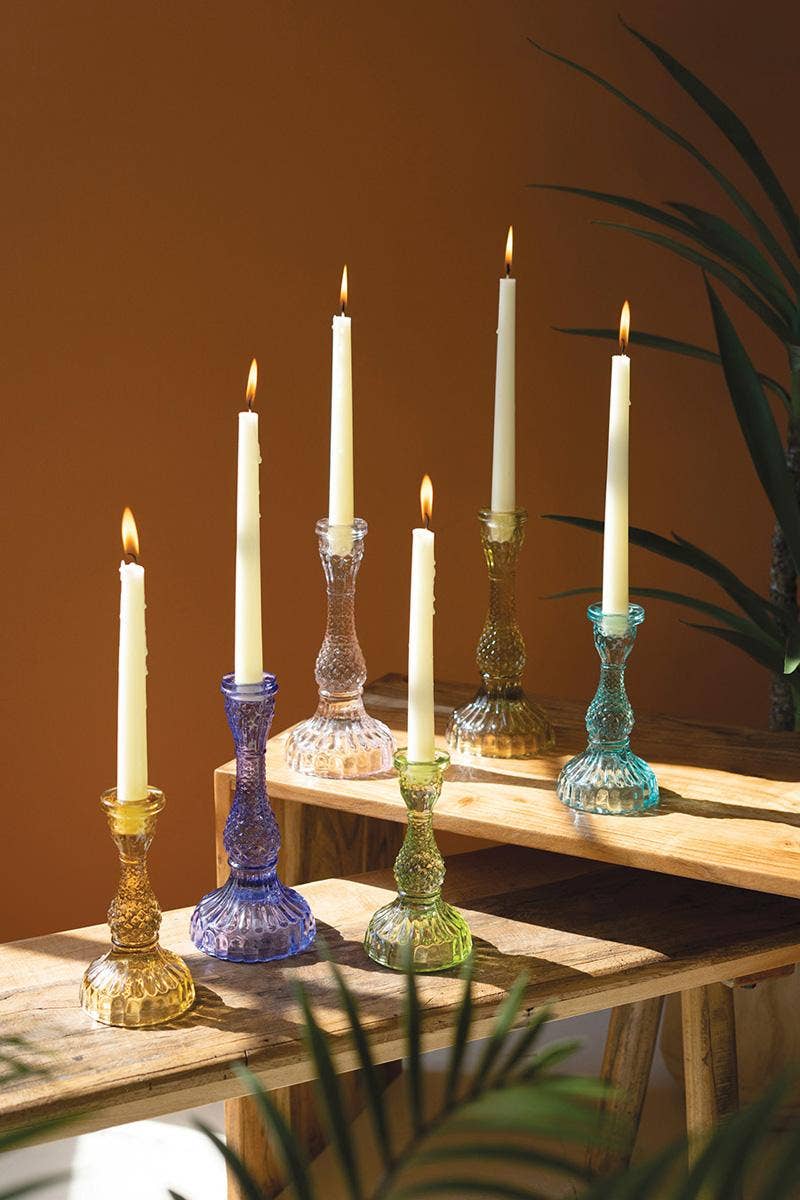 GLASS TAPER CANDLE HOLDERS- set of 6