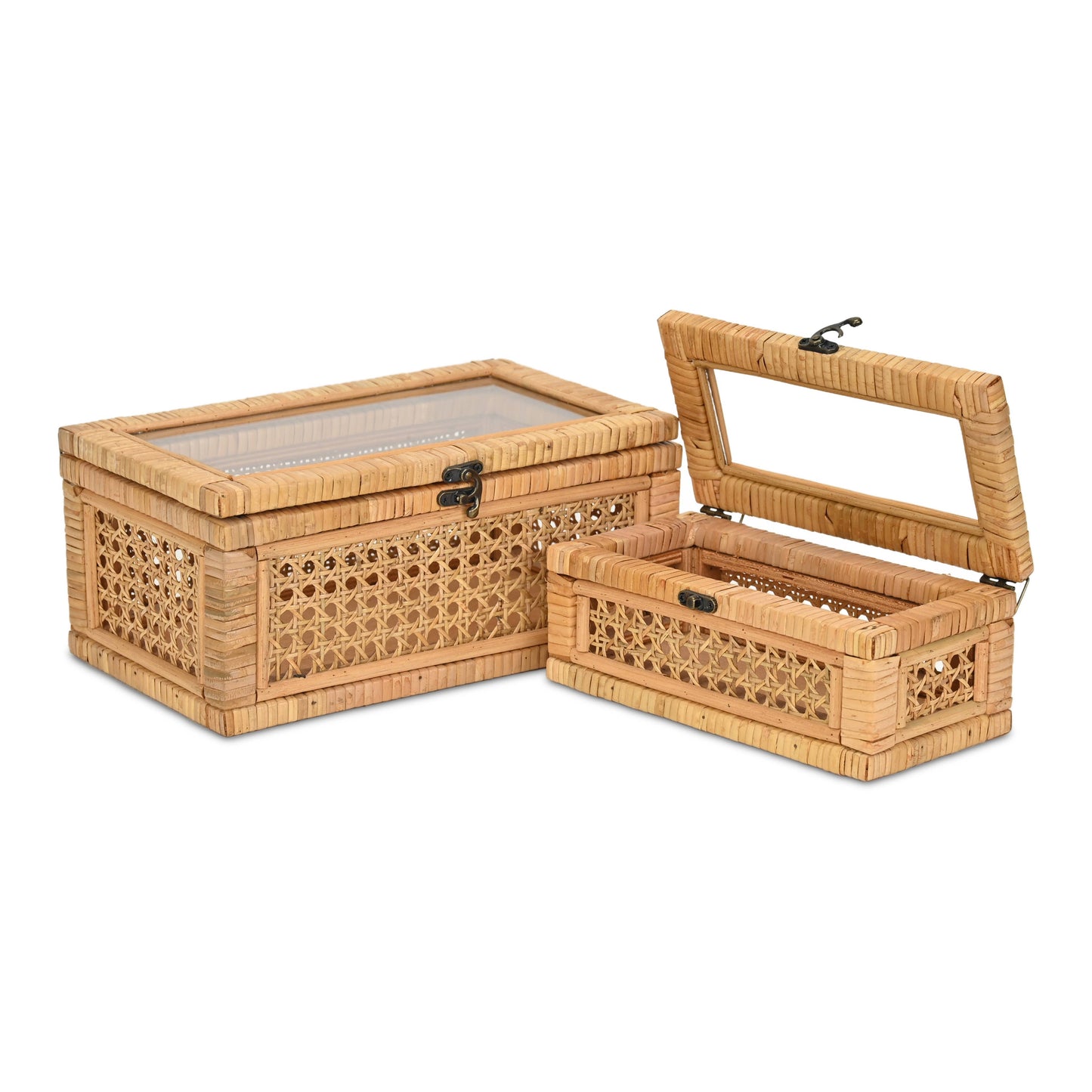 Brielle Set of 2 Rectangular Rattan & Glass Boxes