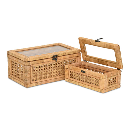 Brielle Set of 2 Rectangular Rattan & Glass Boxes