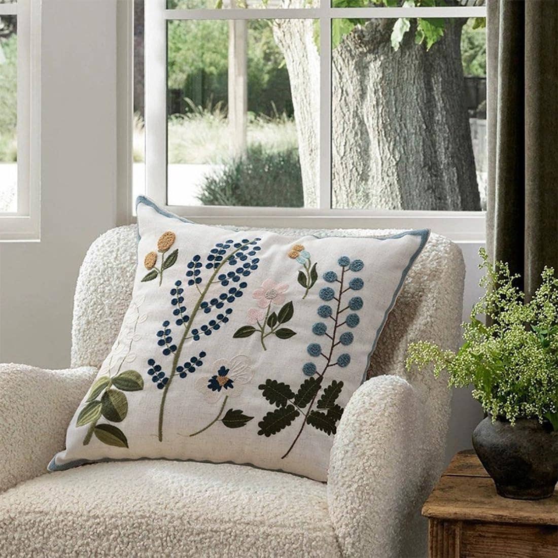 Flower Embroidery Throw Pillow