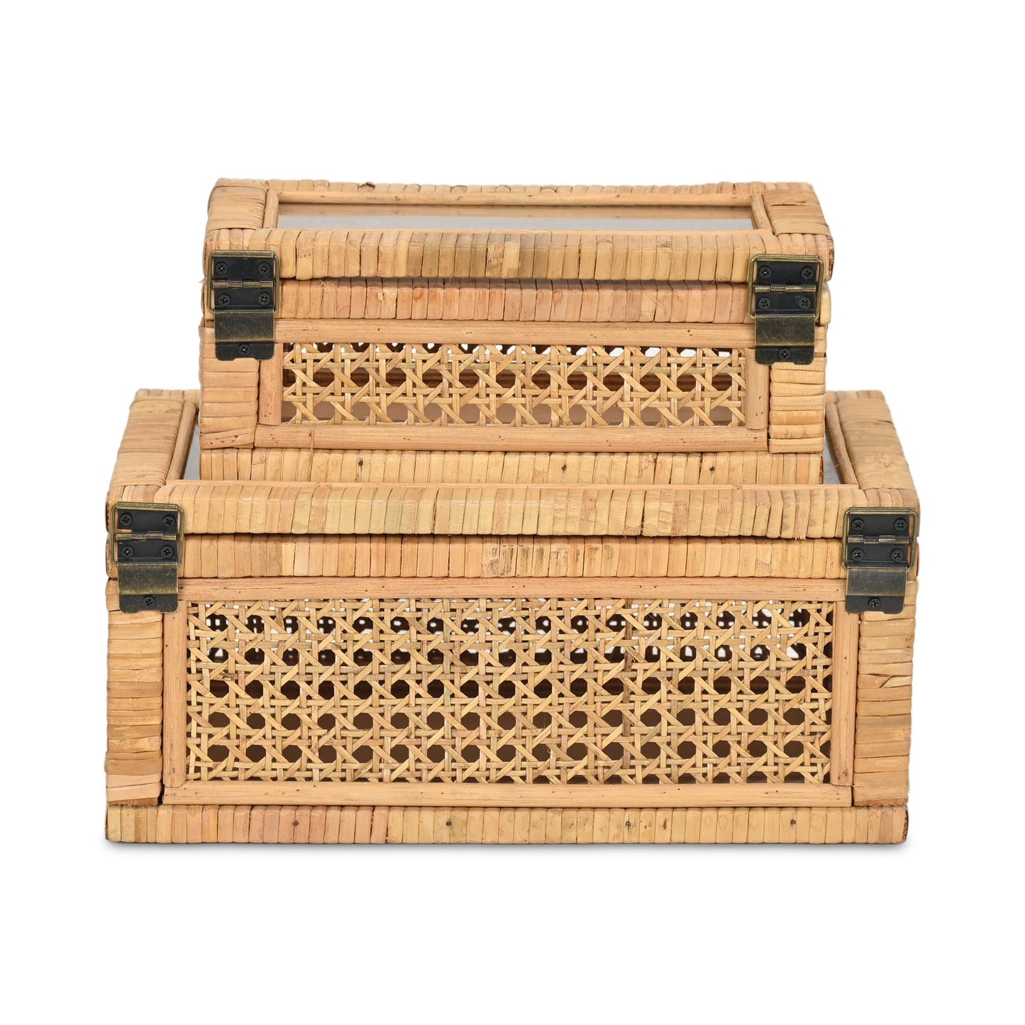Brielle Set of 2 Rectangular Rattan & Glass Boxes