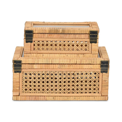 Brielle Set of 2 Rectangular Rattan & Glass Boxes
