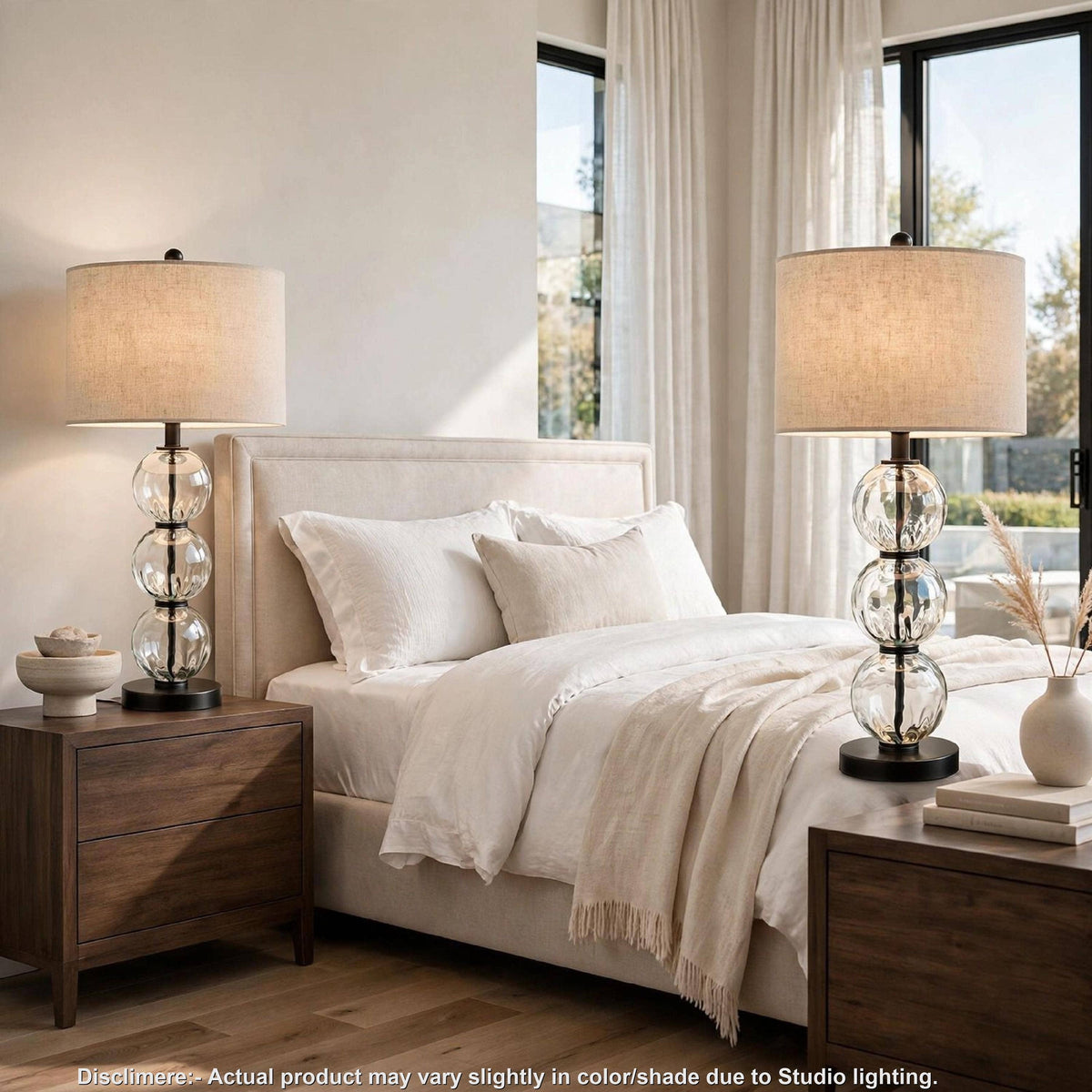 Table Lamp Set of 2, Stacked Glass Spheres, Brown Shade