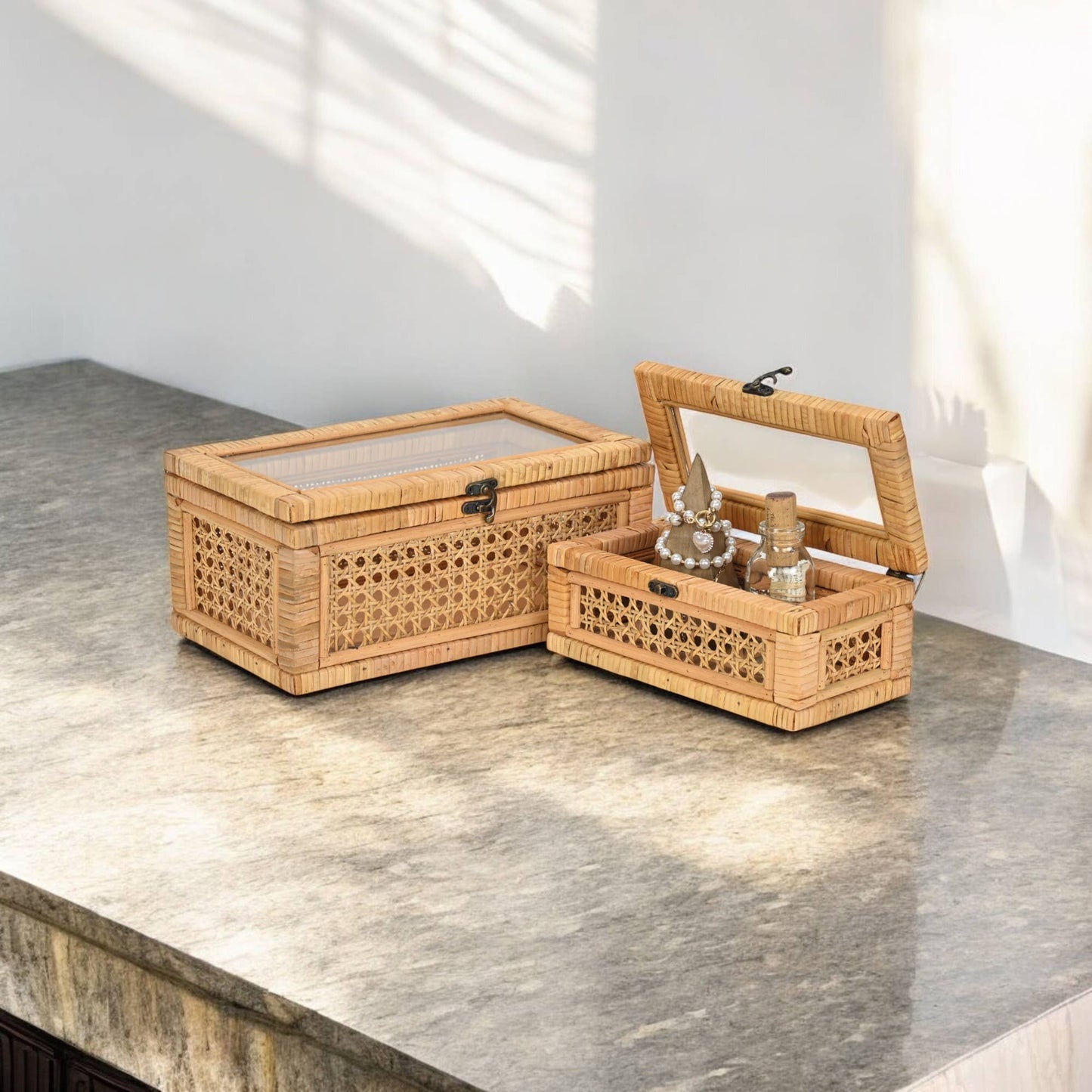 Brielle Set of 2 Rectangular Rattan & Glass Boxes