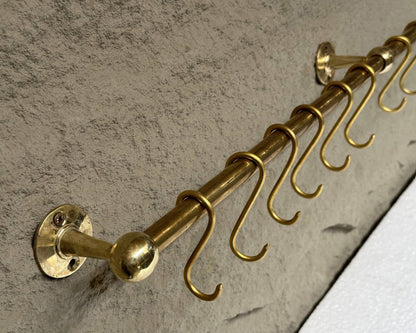 Unlacquered Brass Wall Mounted Pot Rack With Hooks