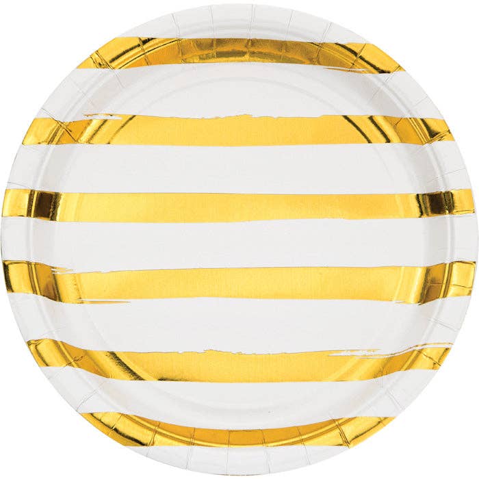 White and Gold Foil Striped 8.75" Paper Dinner Plate, 8/Pkg