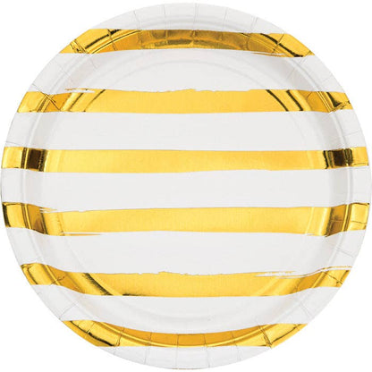 White and Gold Foil Striped 8.75" Paper Dinner Plate, 8/Pkg