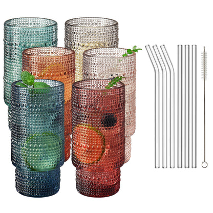 Hobnail Highball Glasses | Set of 6 | with Glass Straws
