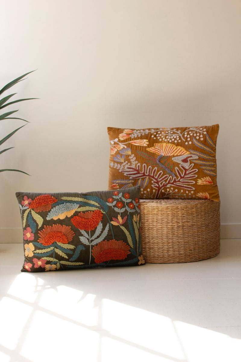 EMBROIDERED PILLOWS WITH FLOWERS - ONE EACH COLOR- set of 2